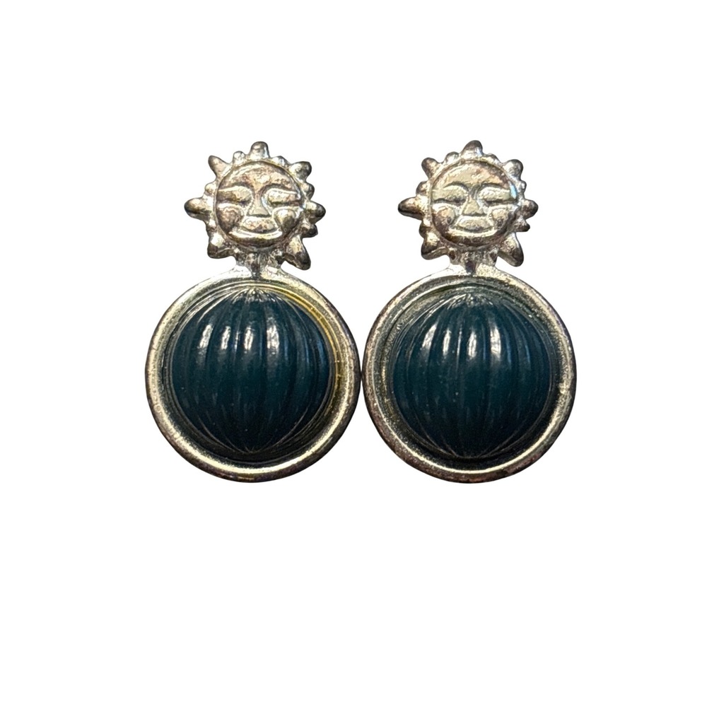 Vintage Mayan Style Earrings Sun God Faceted Emerald Green‎ Cabochon Clip On